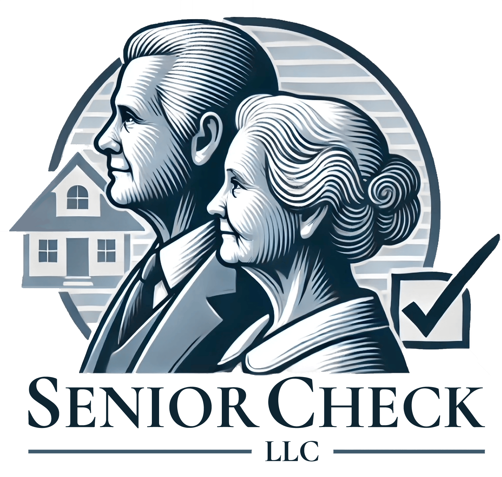 Logo of Senior Check LLC featuring a stylized illustration of an elderly man and woman in profile, a house in the background, and a checkmark symbol.